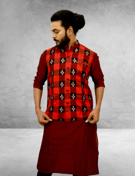 Ikkat Maroon Star Modi Jacket