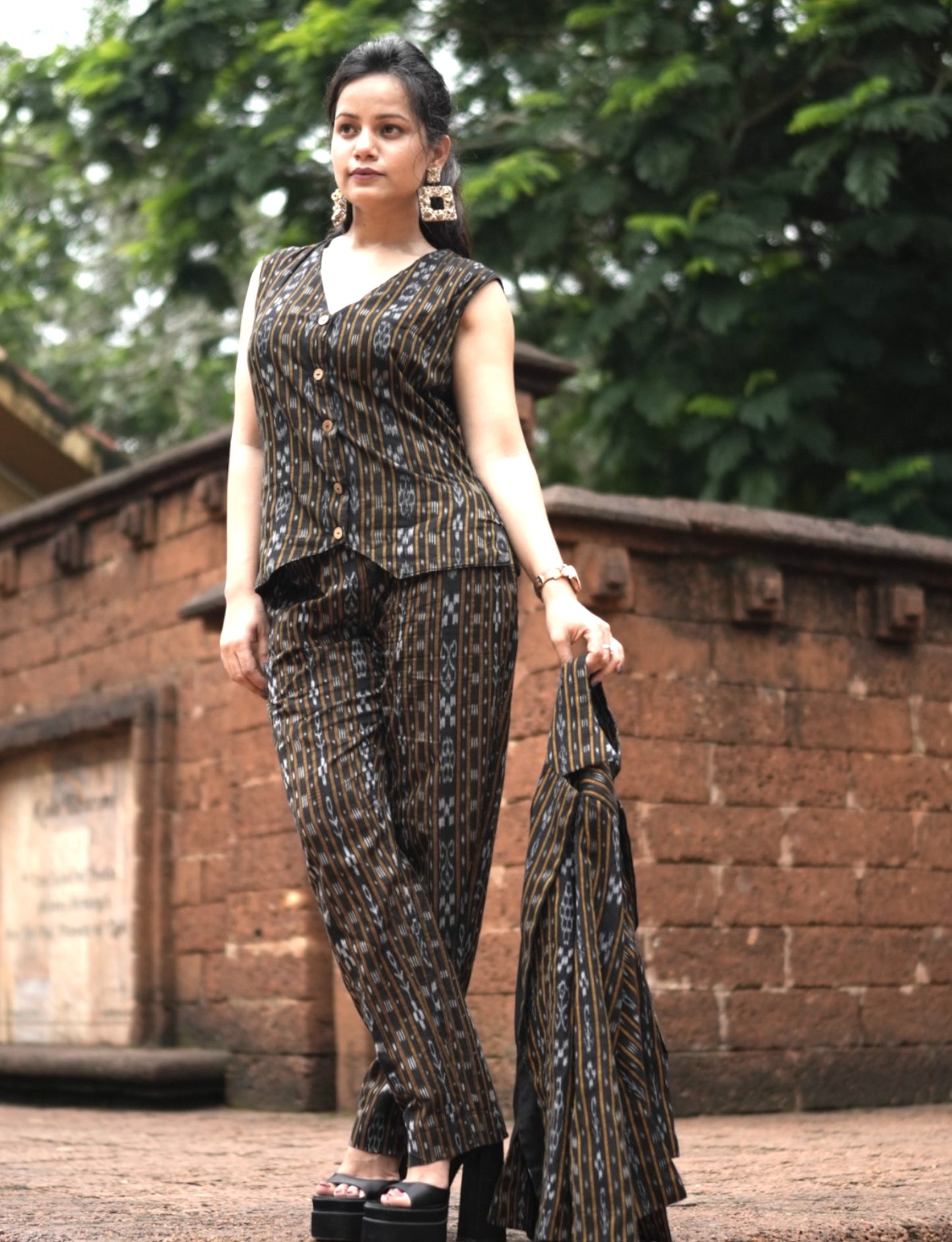 Ikkat Black 3 Piece Blazer Suit