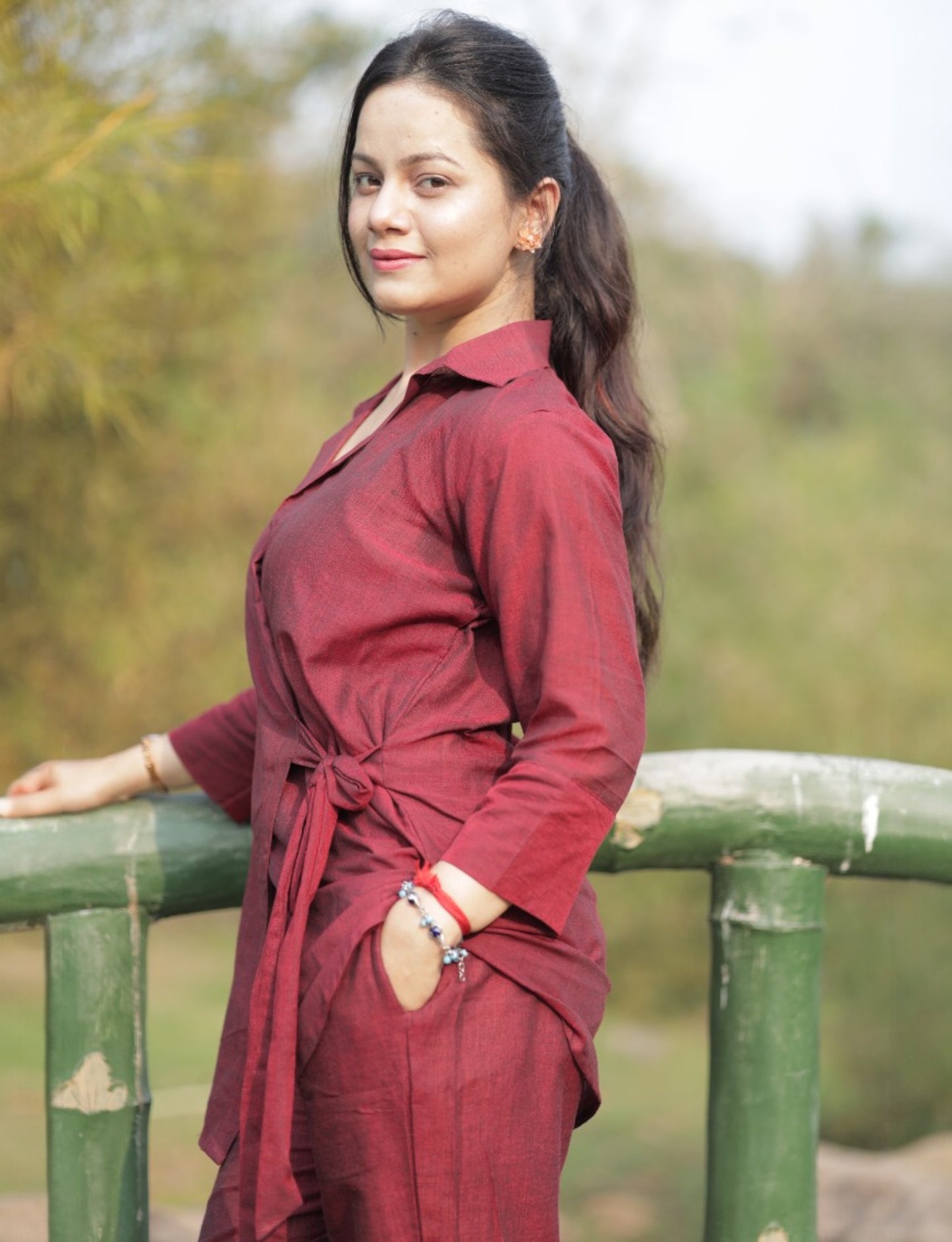 Cotton Maroon Wrap Coord Set