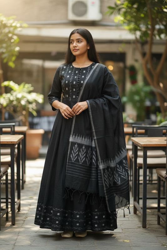 Handloom Black Anarkali Kurta & Dupatta Set