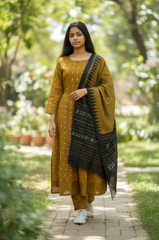 Handloom Mustard Anarkali Kurta & Dupatta Set