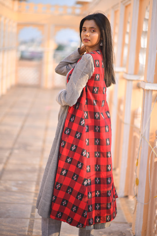 Handloom Star Marron & Grey Kurta Shrug Set