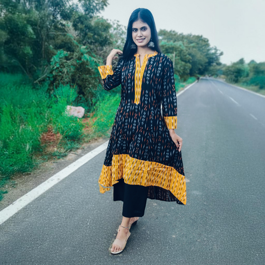 Handloom Pure Cotton Ikkat High-Low Kurta Set