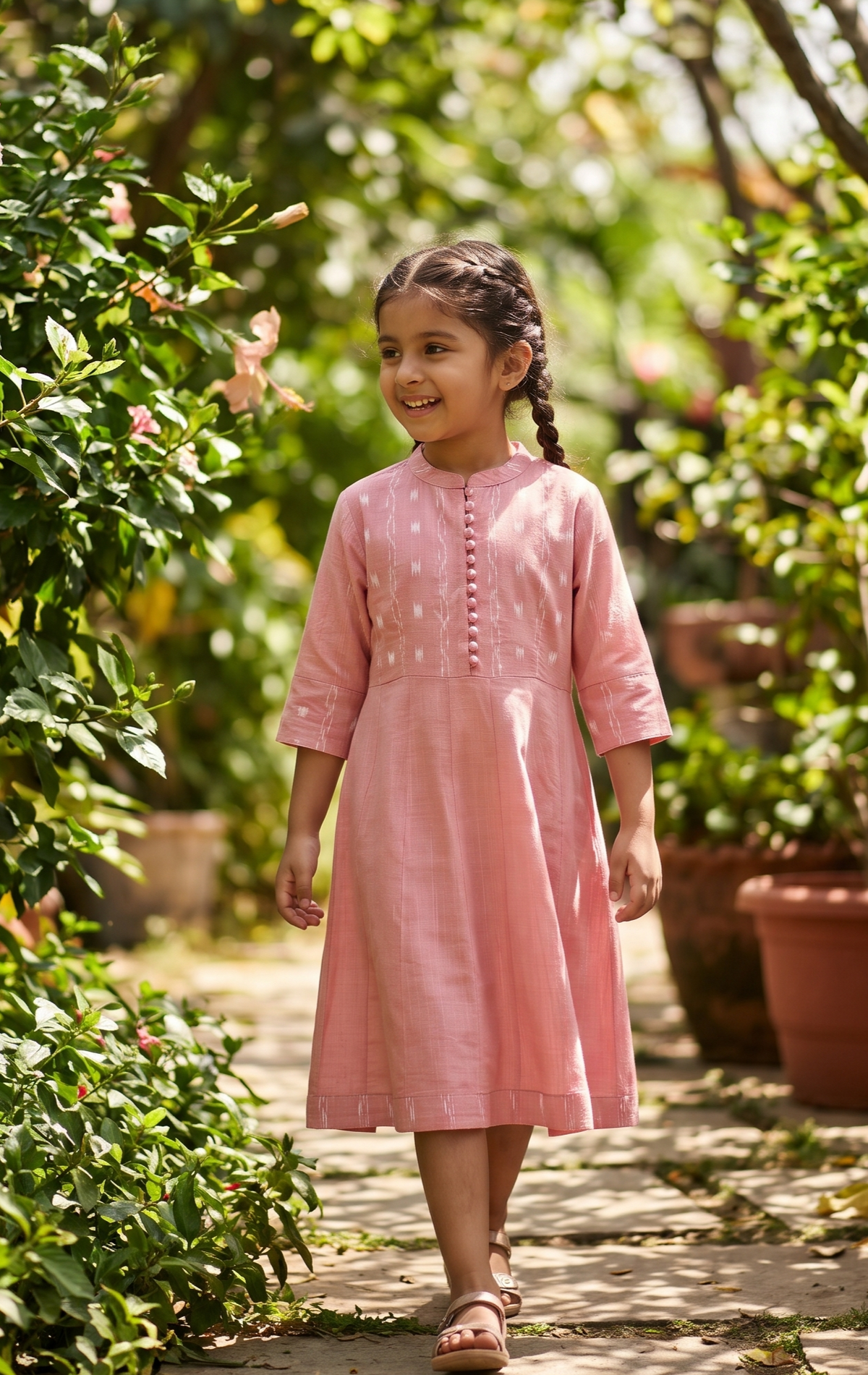 Handloom Girls Pink Anarkali Kurta