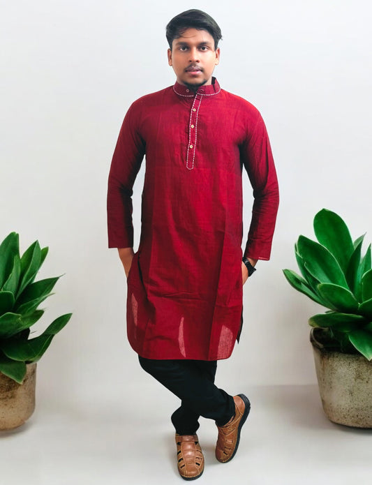 Cotton Maroon Hand Stich Kurta