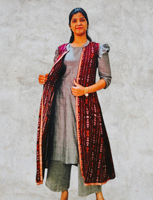 Cotton Maroon nd Grey Kurta Shrug Sets