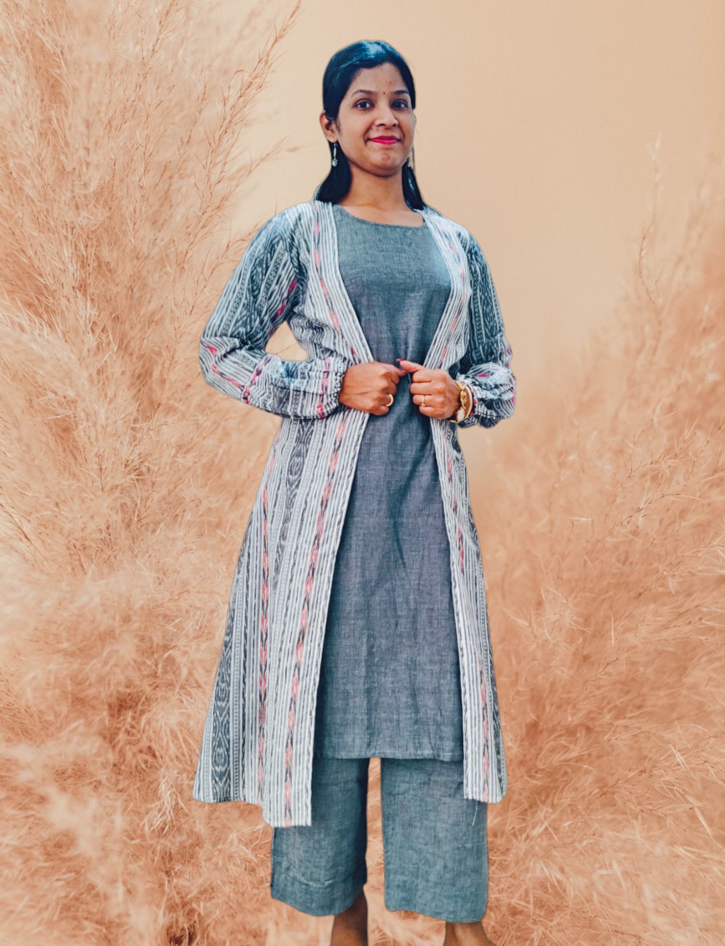 Handloom Designer White nd Grey Shrug Set