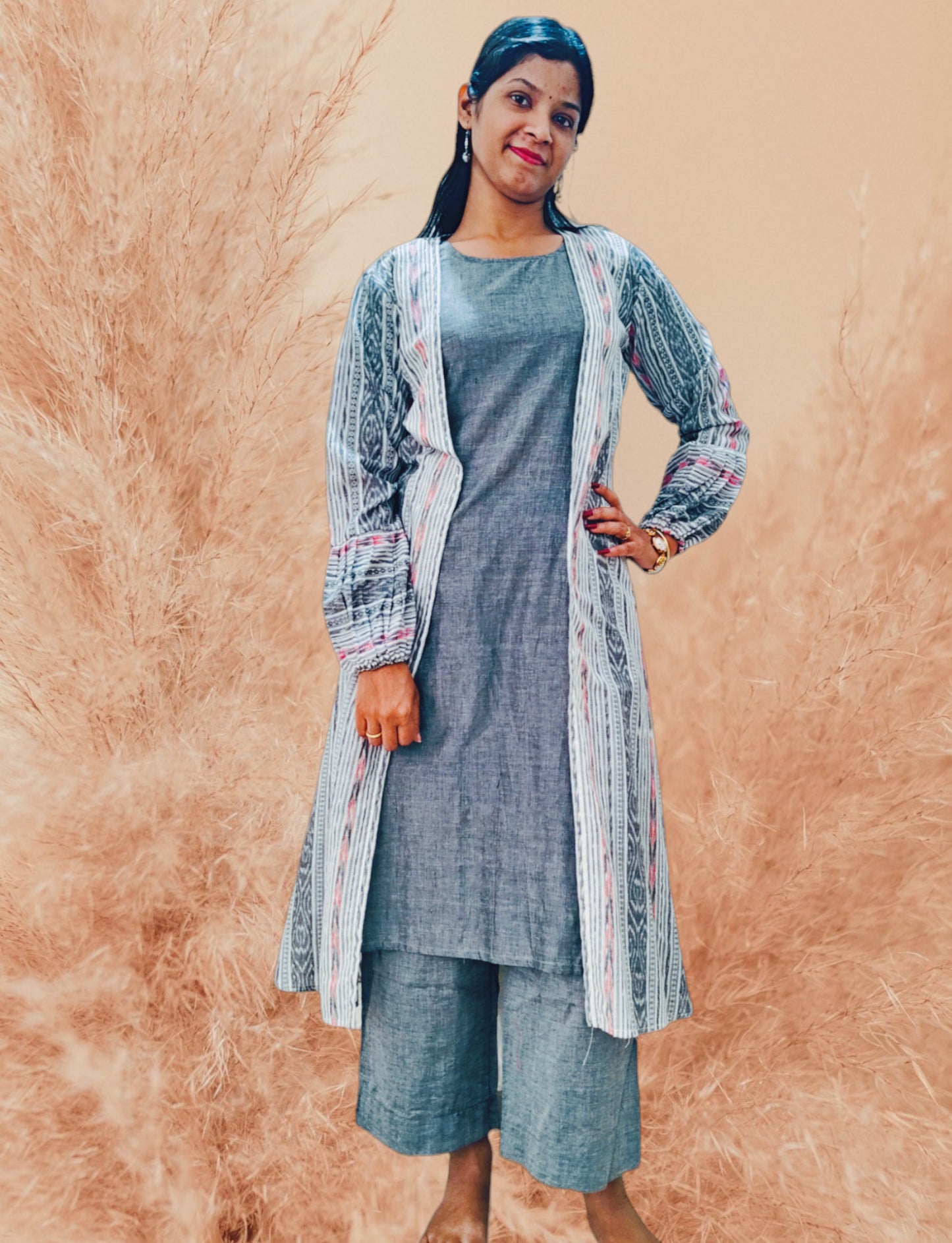 Handloom Designer White nd Grey Shrug Set