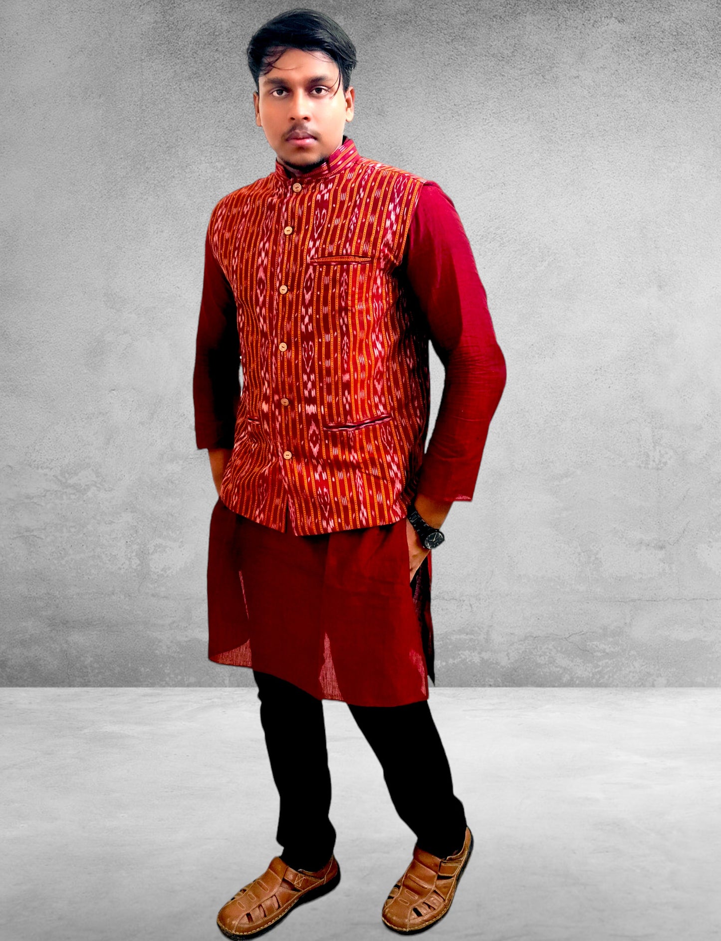 Cotton Maroon Modi Jacket & Kurta