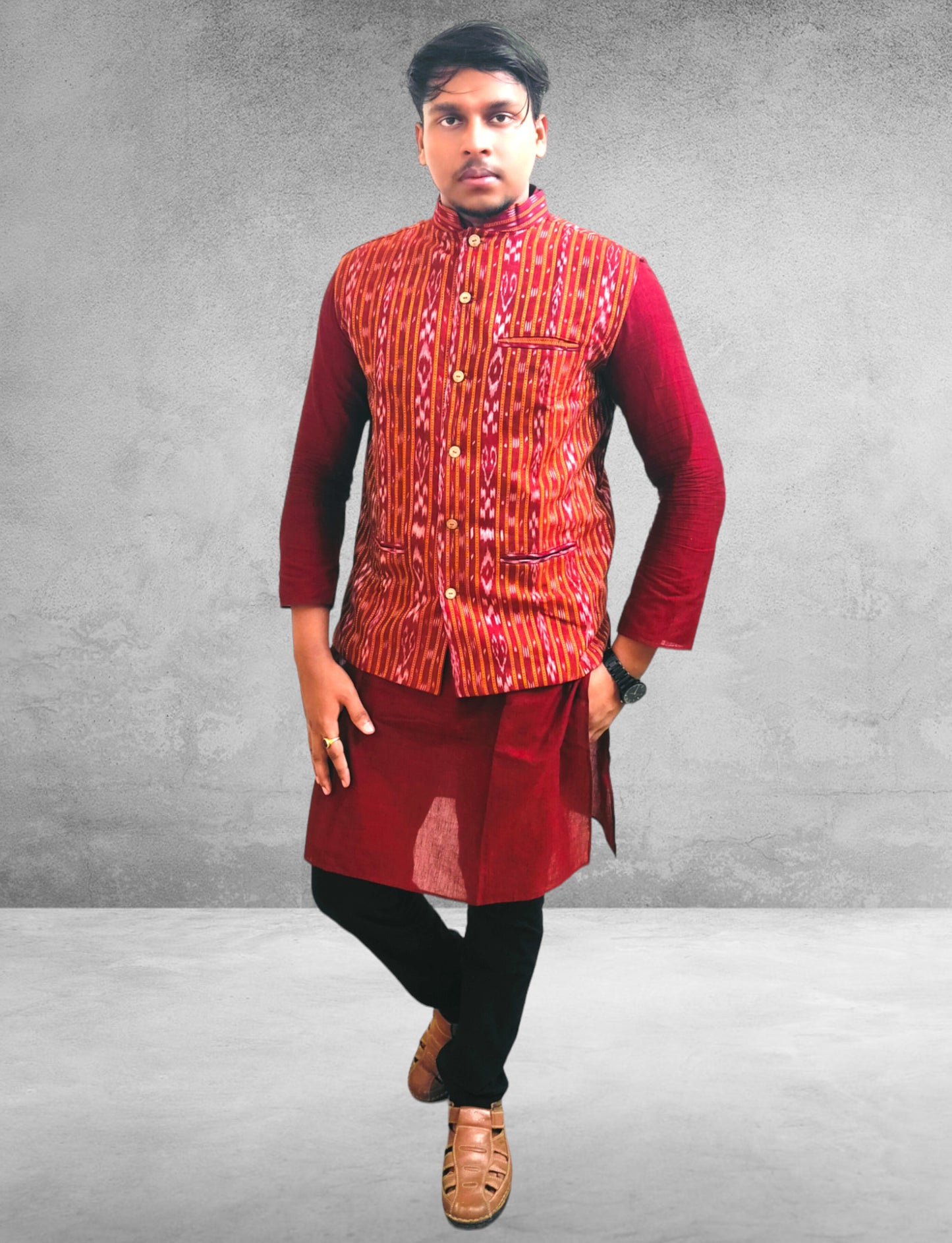 Cotton Maroon Modi Jacket & Kurta