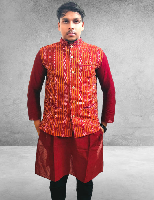 Cotton Maroon Modi Jacket & Kurta