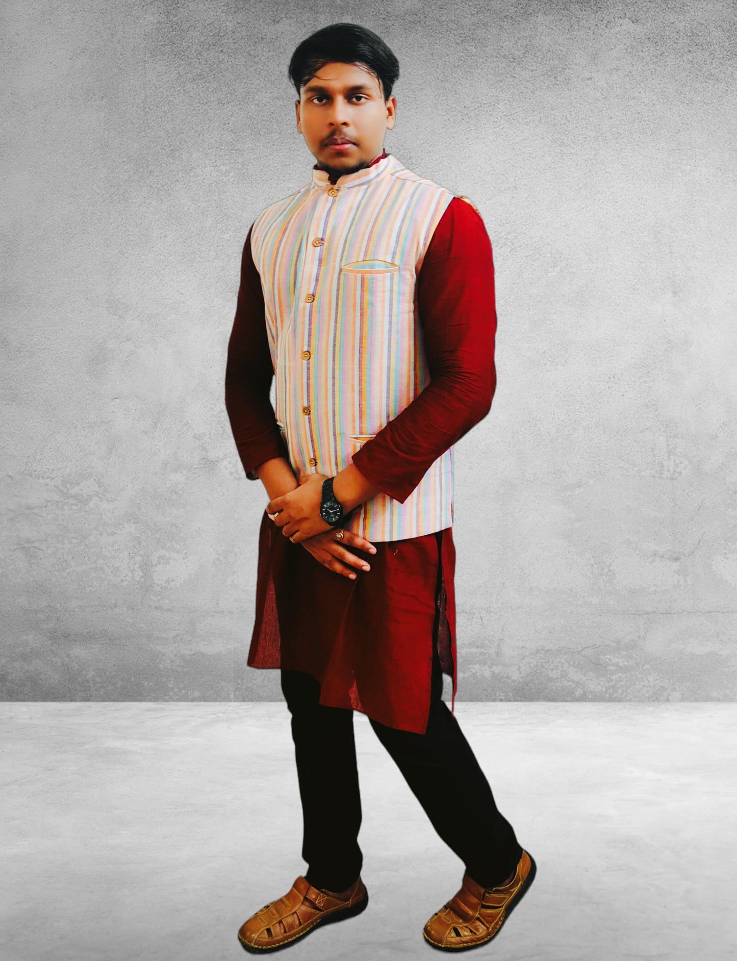 Cotton Maroon Kurta & Multi Thead Jacket