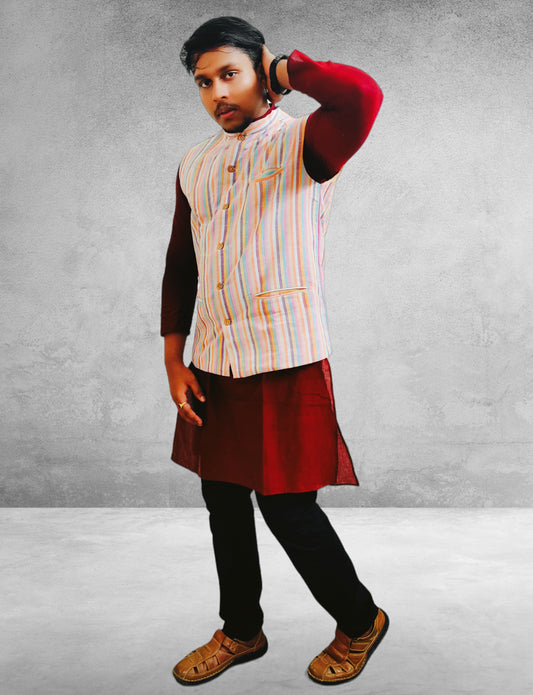 Cotton Maroon Kurta & Multi Thead Jacket