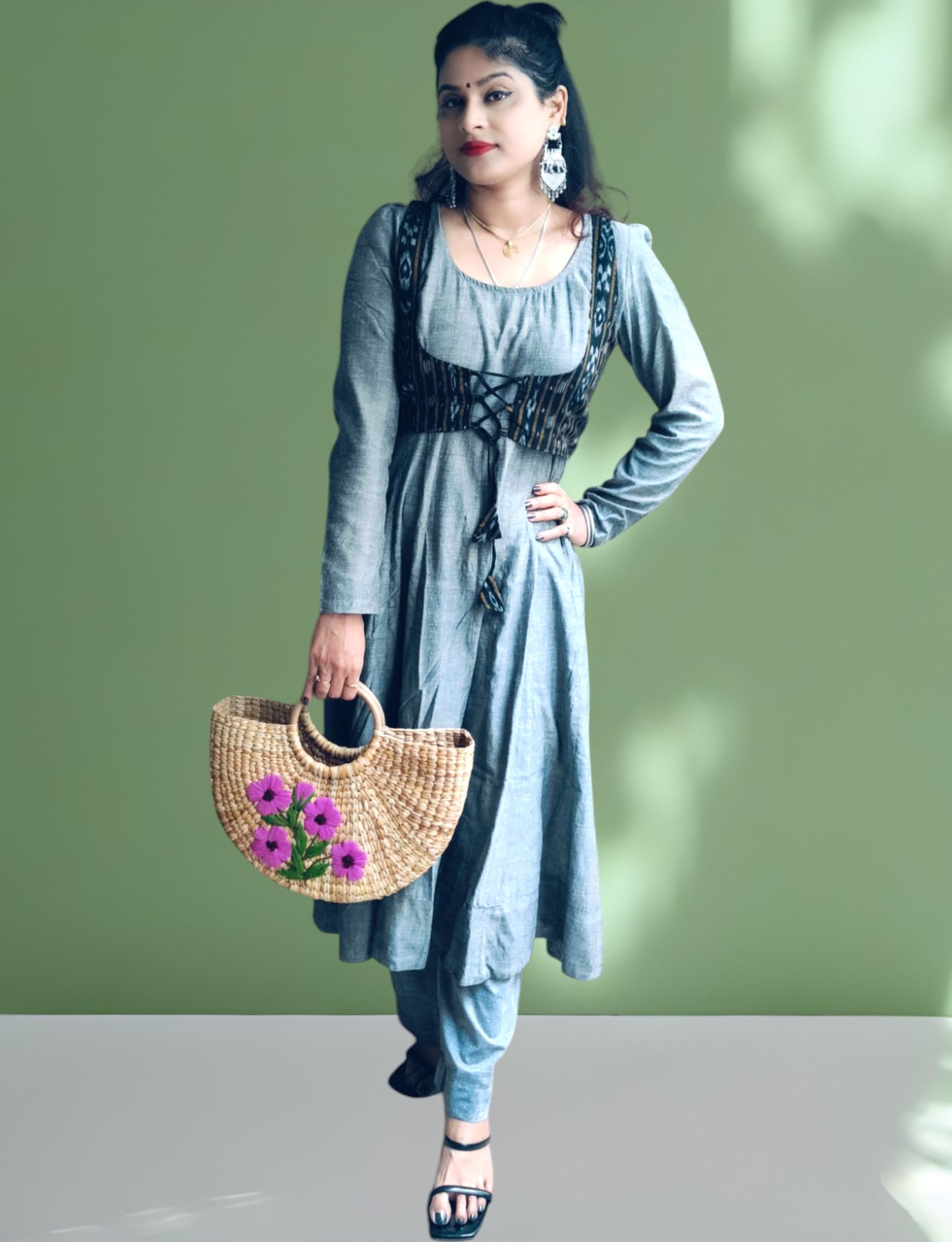Cotton Grey Anarkali Kurta & Short Jacket Kurta Set