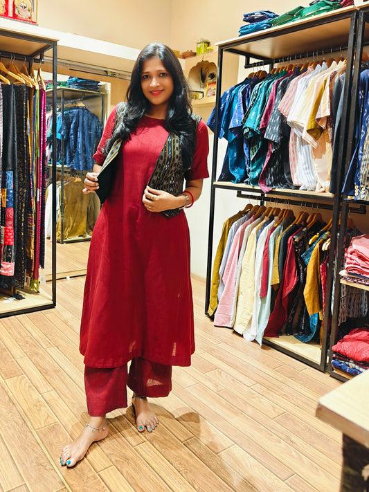 Handloom Maroon Kurta & Jacket Set