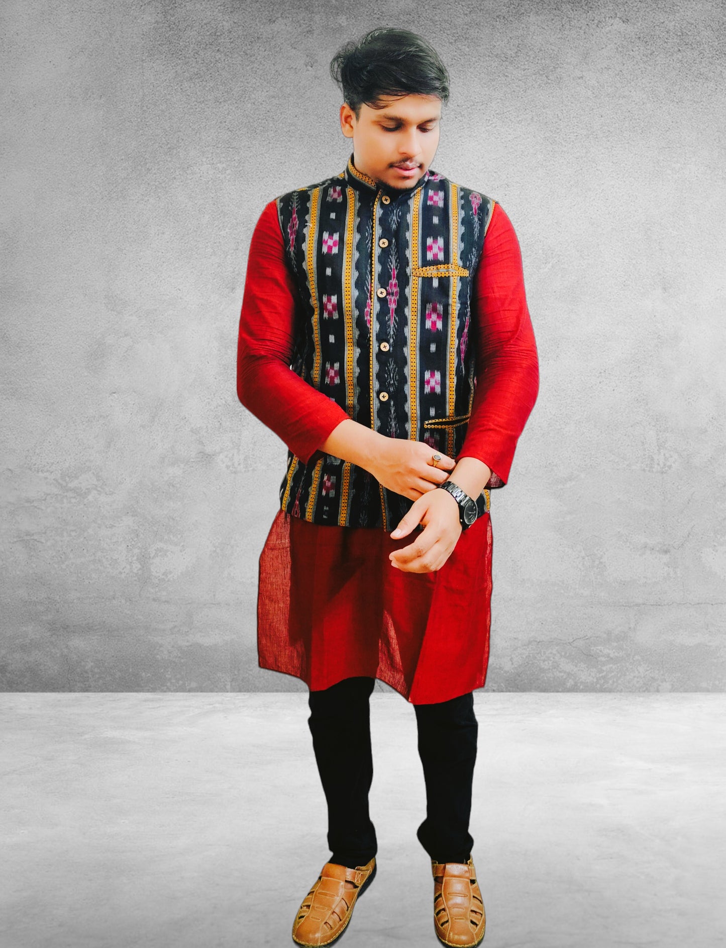 Cotton Mens Maroon Kurta & Black Modi Jacket