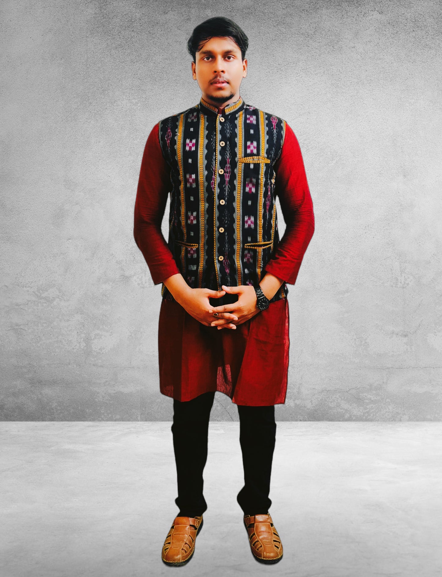 Cotton Mens Maroon Kurta & Black Modi Jacket