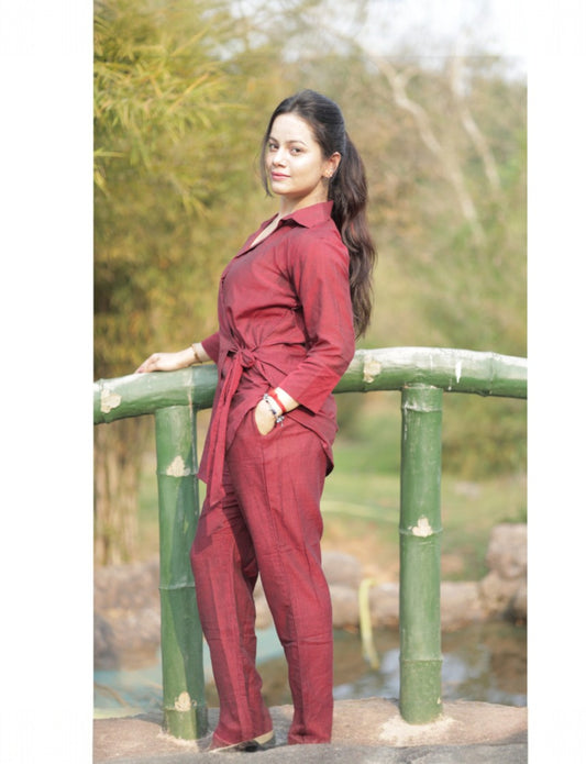 Cotton Maroon Wrap Coord Set