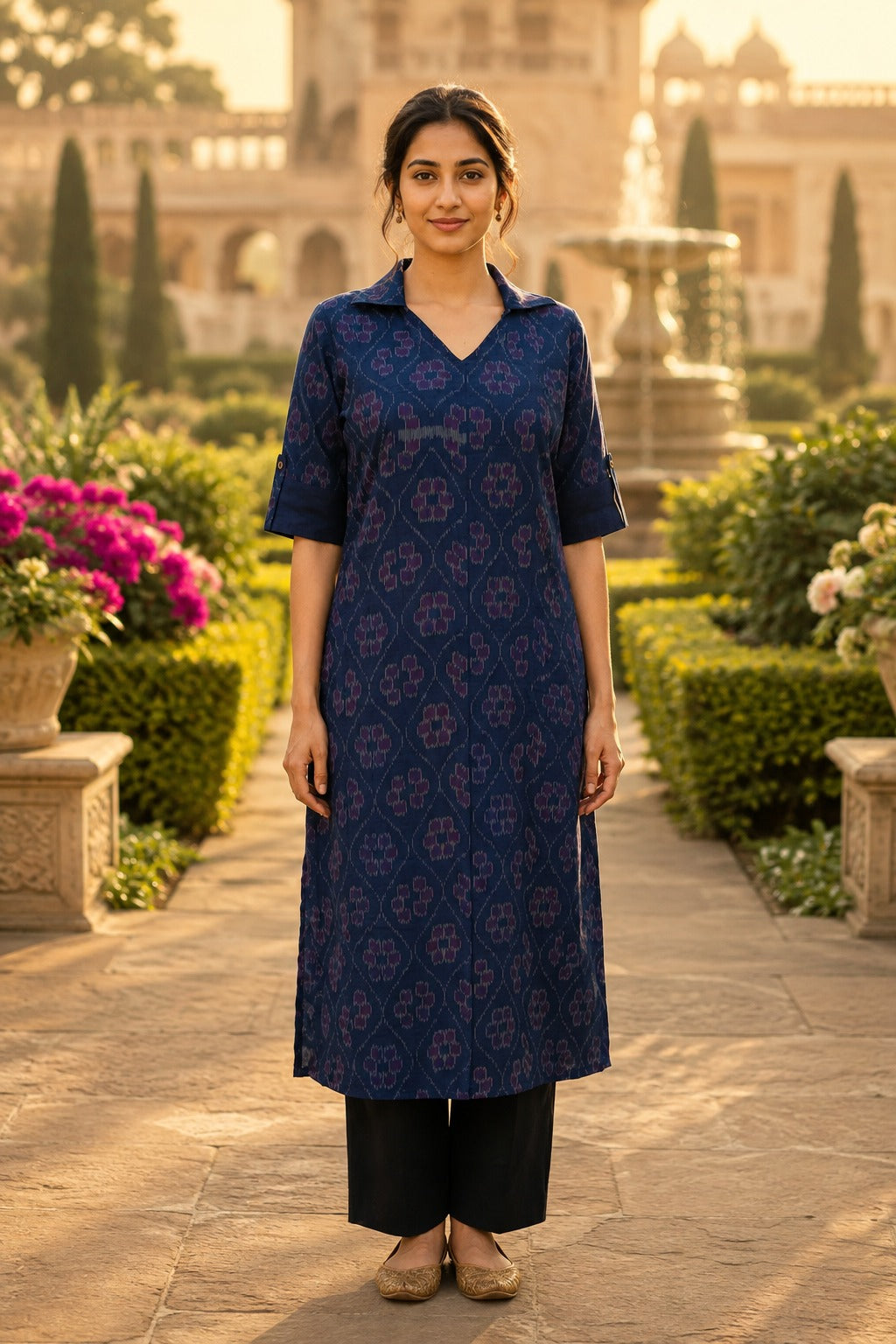 Handloom Blue Collar Neck Stright Kurta