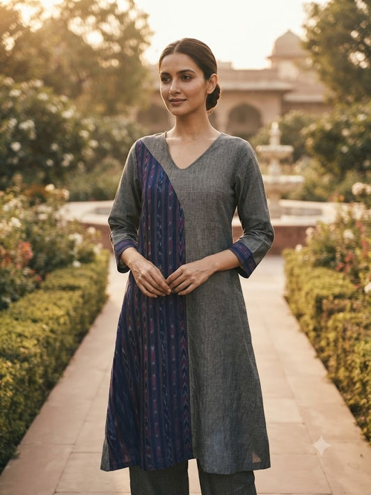 Handloom Womens Grey & blue Kurta Set