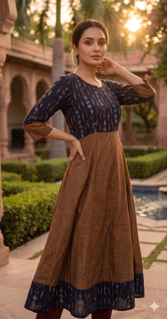 Handloom Womens Black & Mustard Anarkali Kurta Set