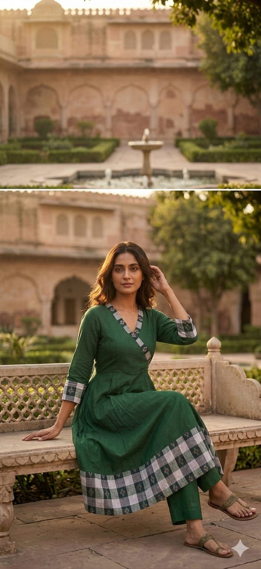 Handloom Green Anarkali Star Bandha Kurta Set