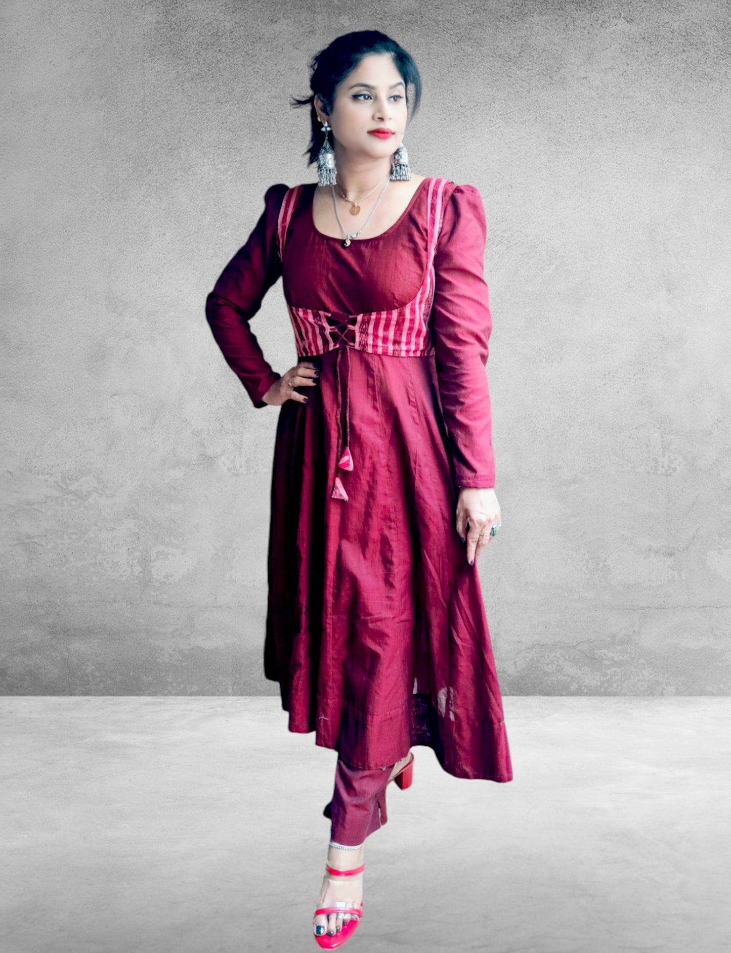 Cotton Maroon Anarkali Kurta & Short Jacket Kurta Set
