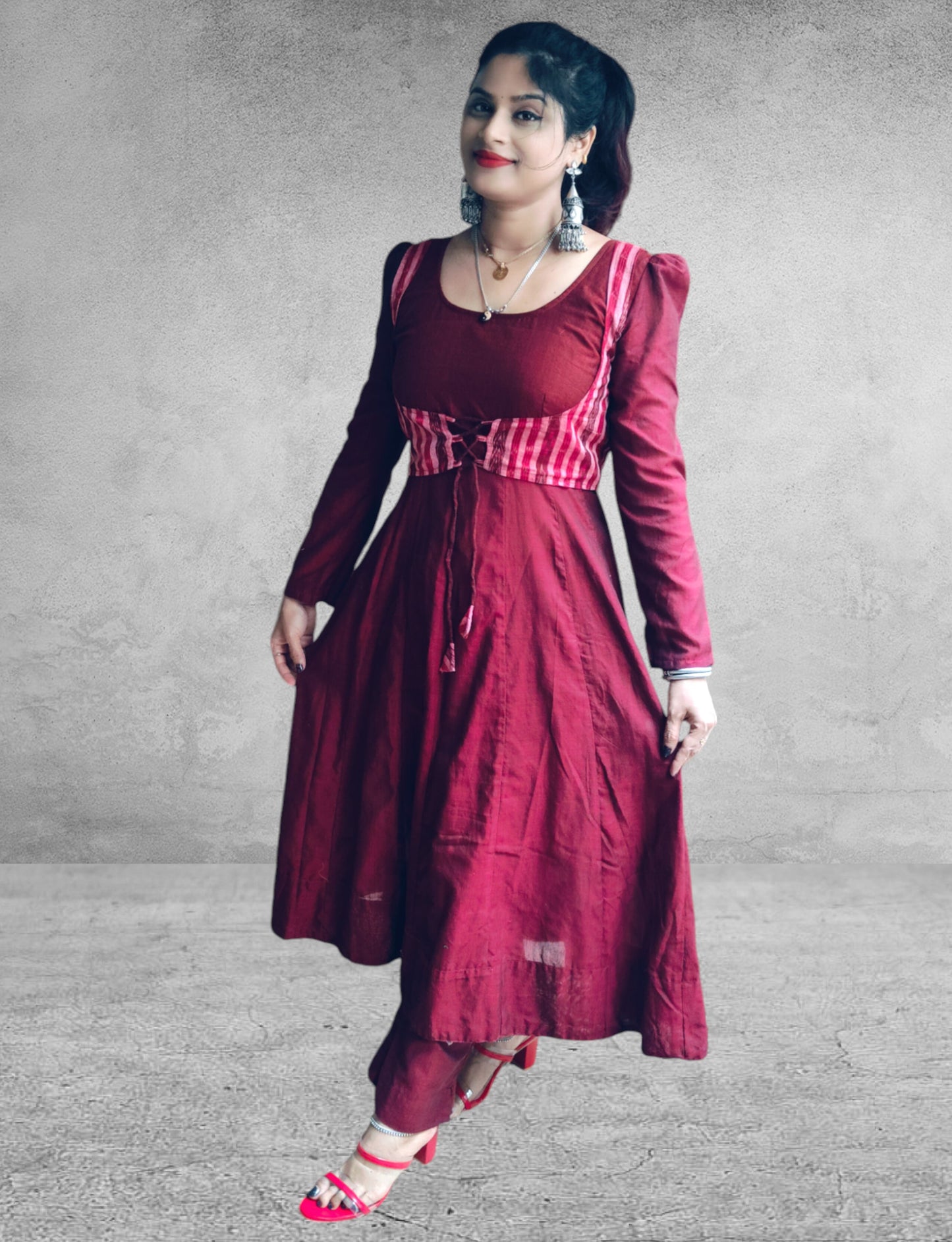 Cotton Maroon Anarkali Kurta & Short Jacket Kurta Set