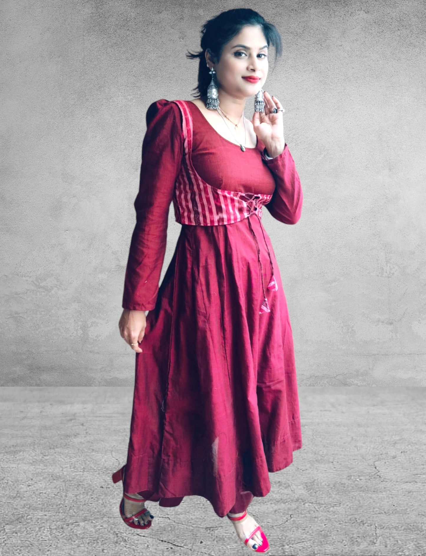 Cotton Maroon Anarkali Kurta & Short Jacket Kurta Set