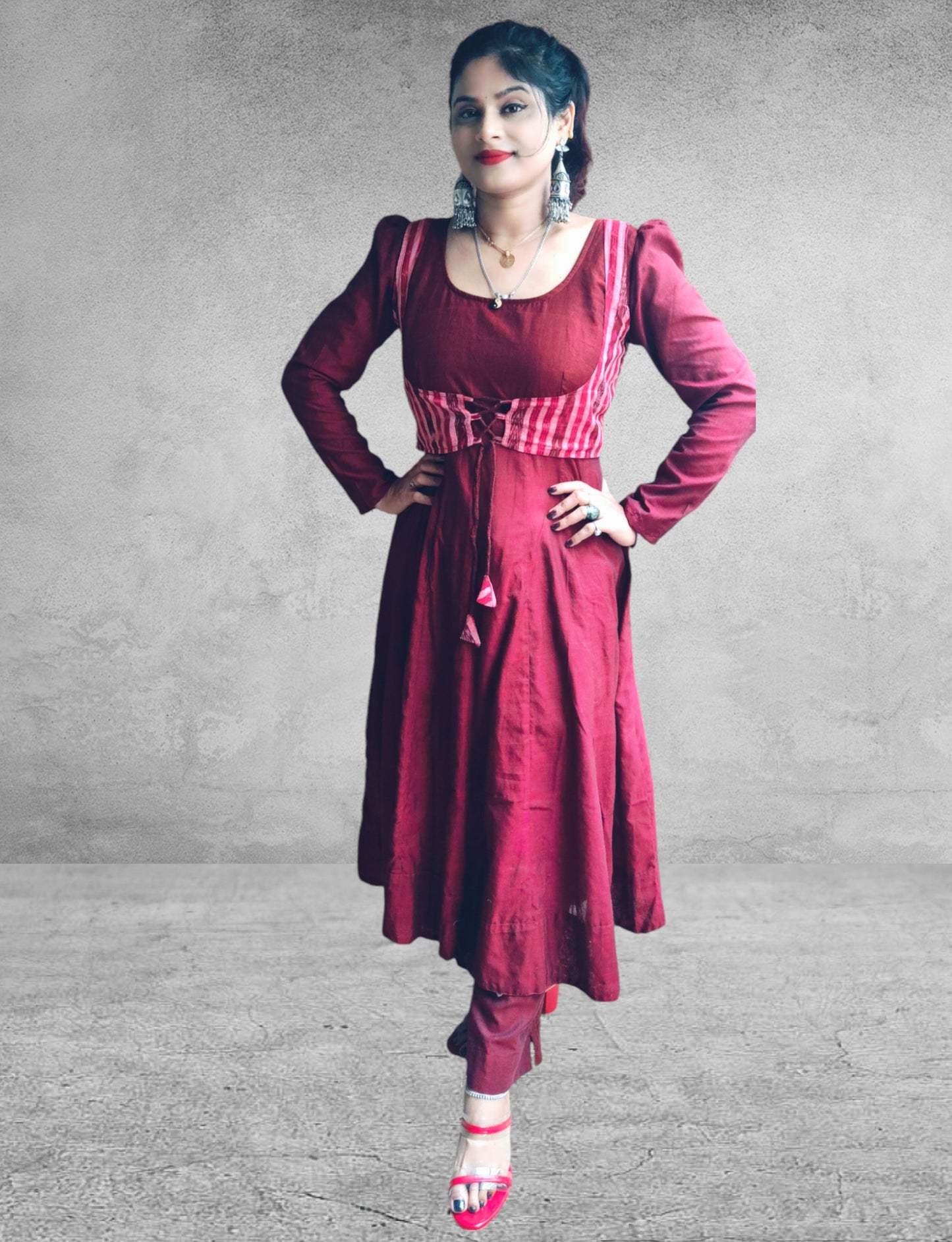 Cotton Maroon Anarkali Kurta & Short Jacket Kurta Set