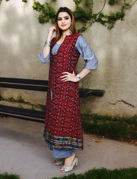 Designer Maroon Jacket Kurta Set | We Handloom