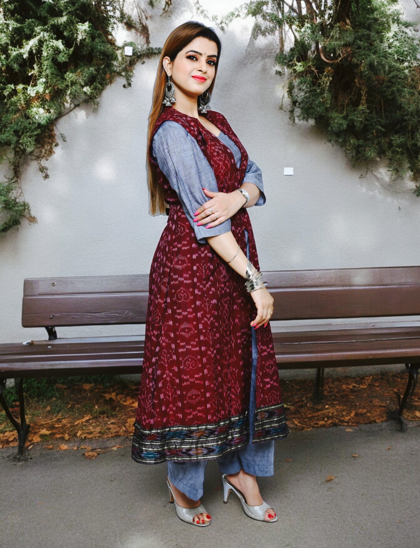 Designer Maroon Jacket Kurta Set | We Handloom