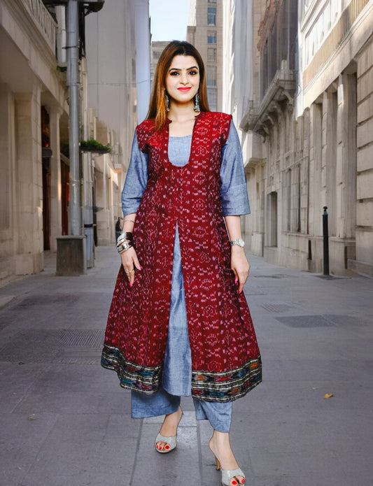 Designer Maroon Jacket Kurta Set | We Handloom