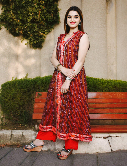 Handloom Cotton A Line Maroon Kurta Set