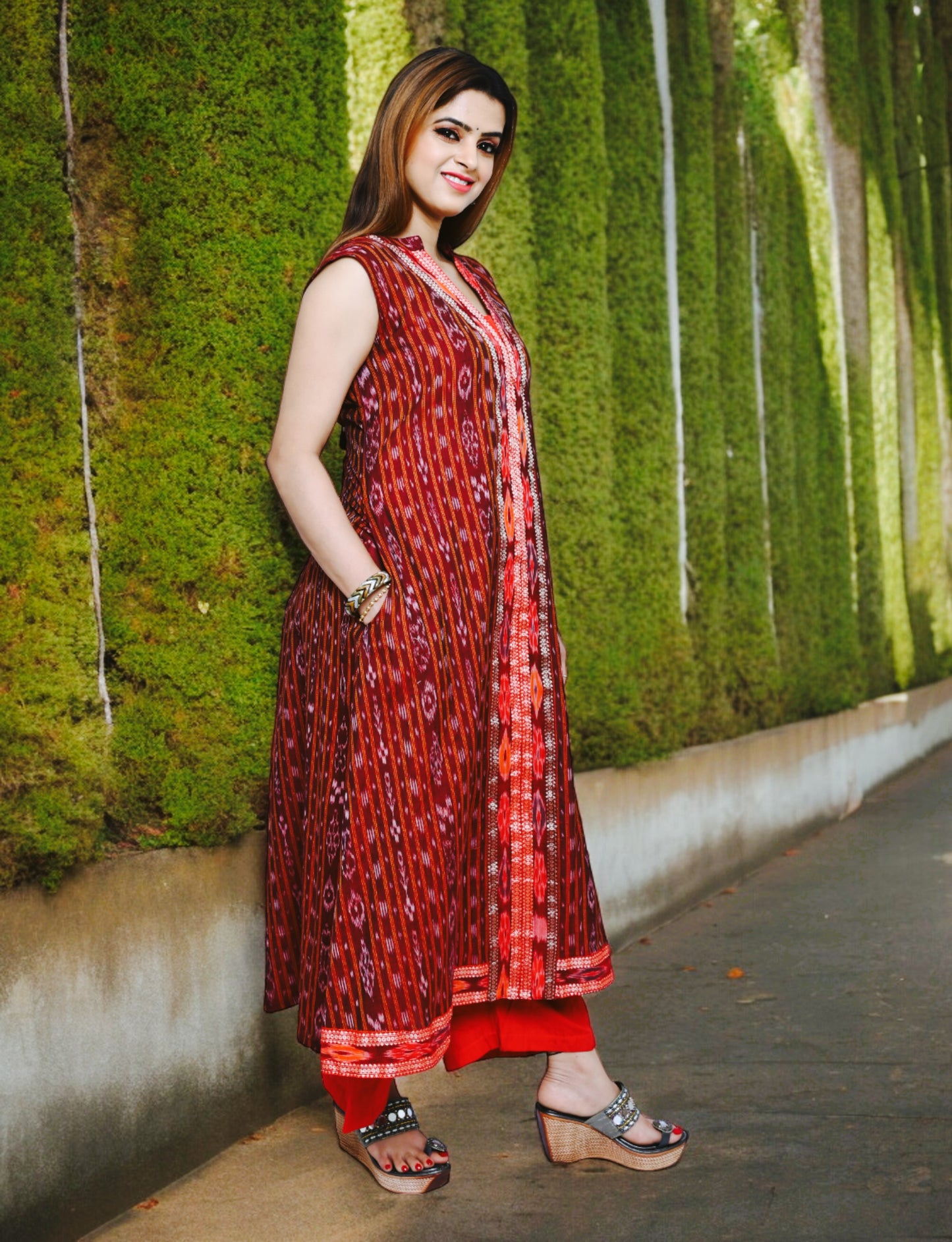 Handloom Cotton A Line Maroon Kurta Set