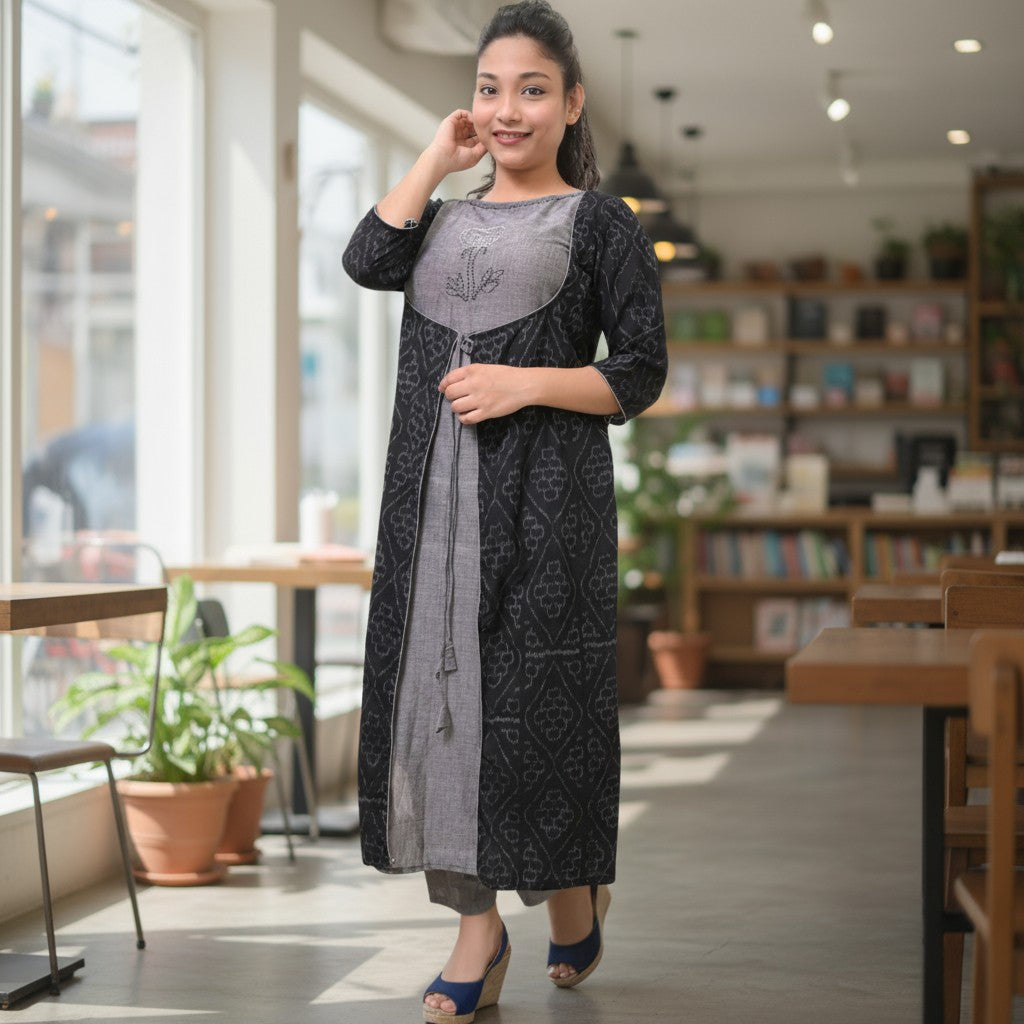 Kantha Stich  Designer Black Jacket Kurta & Pant Set