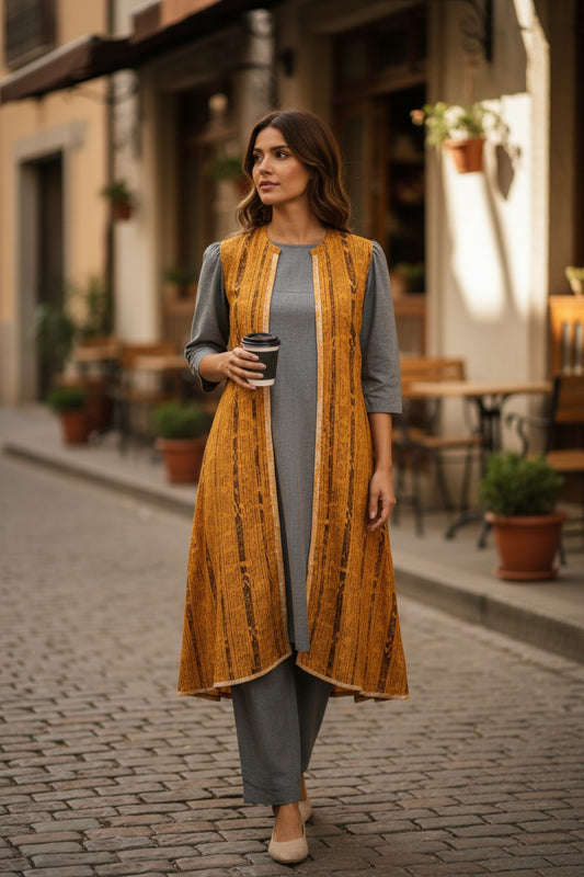 Women Cotton Yellow & Grey Shrug Set