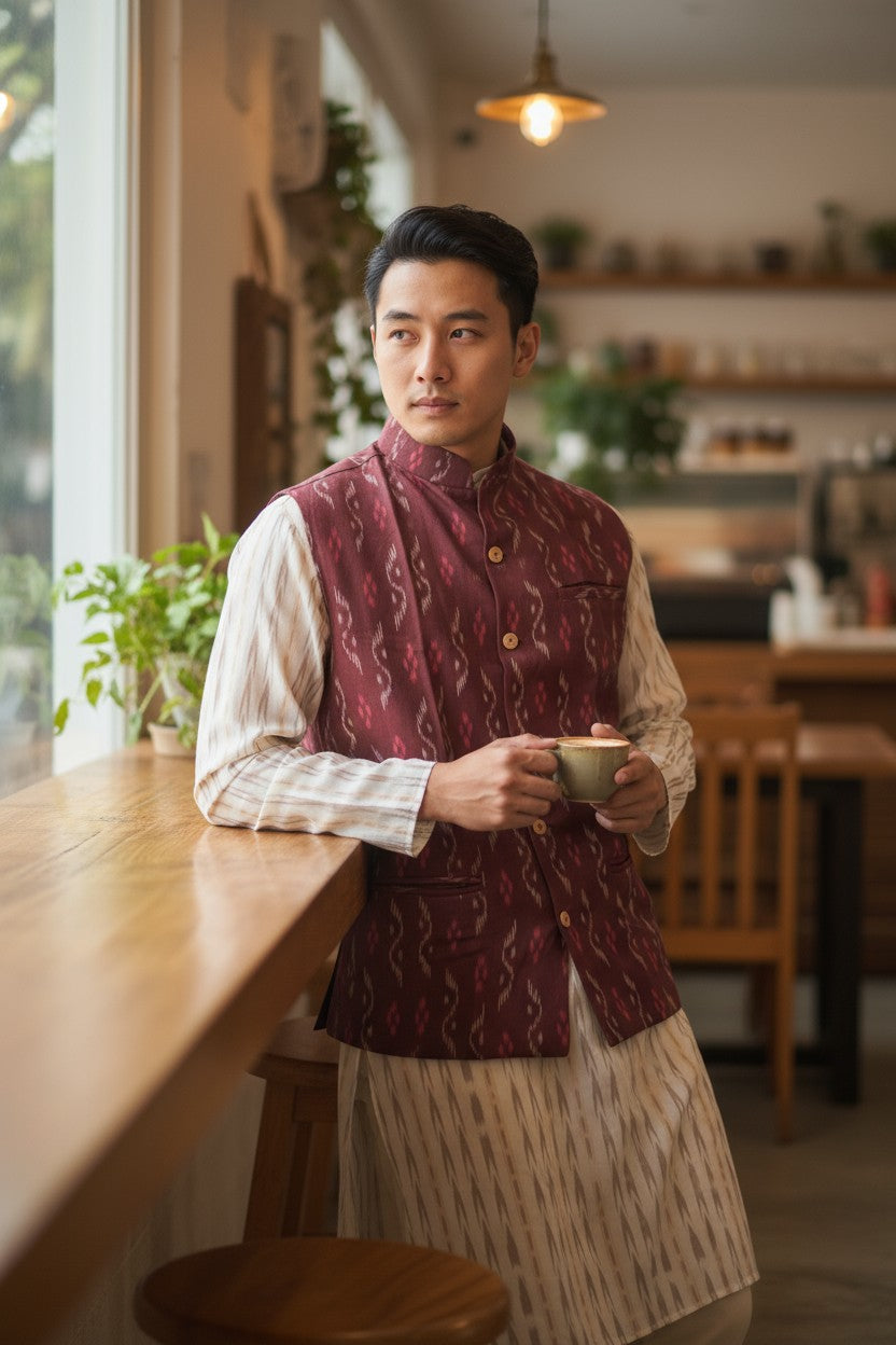 Handloom Maroon Modi Jacket