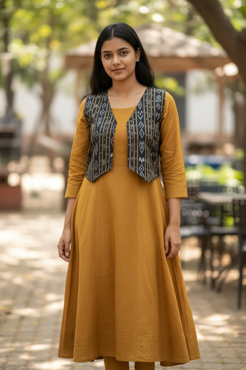 Handloom Mustard Anarkali Set with Black Jacket