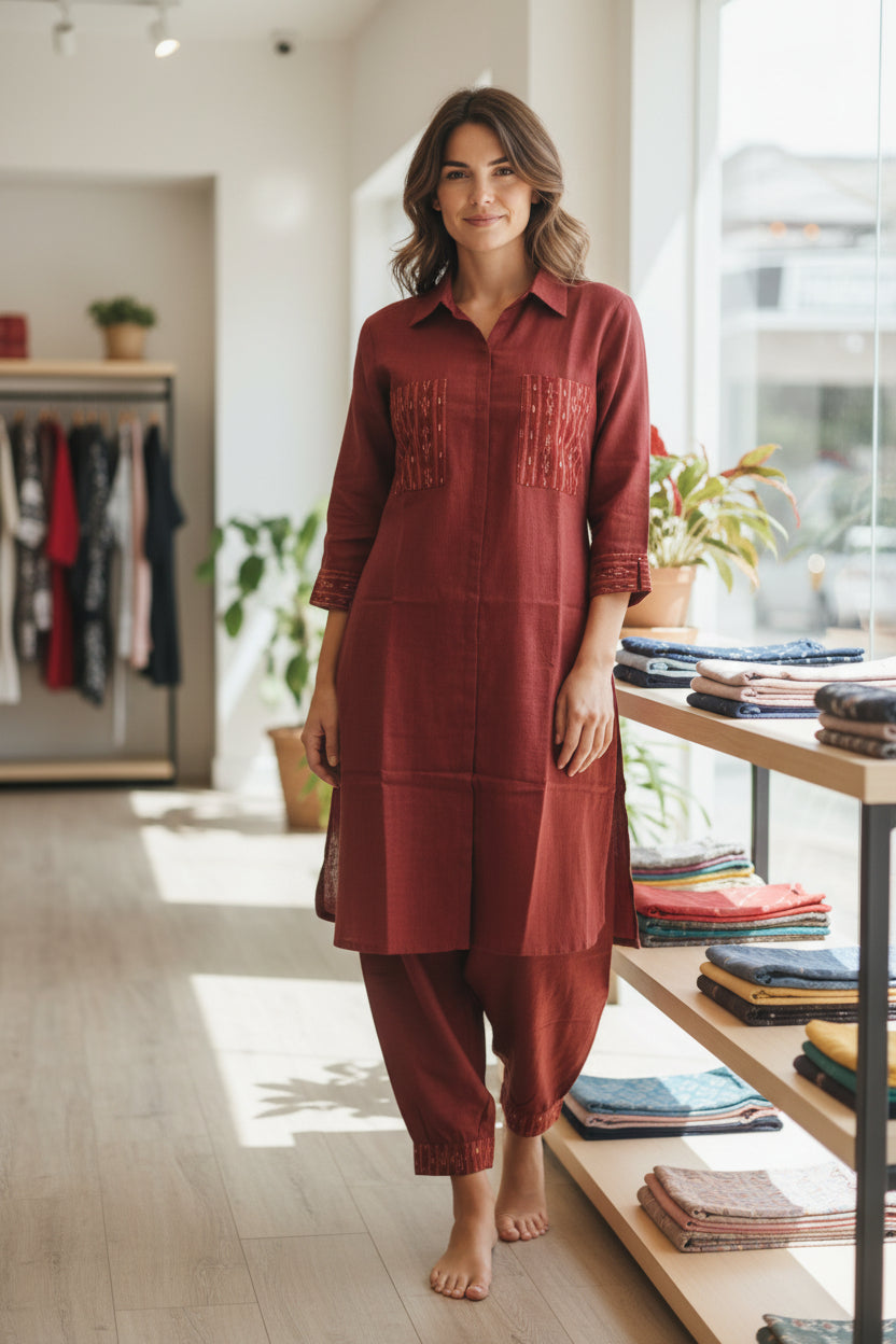 Handloom Maroon Coords Set