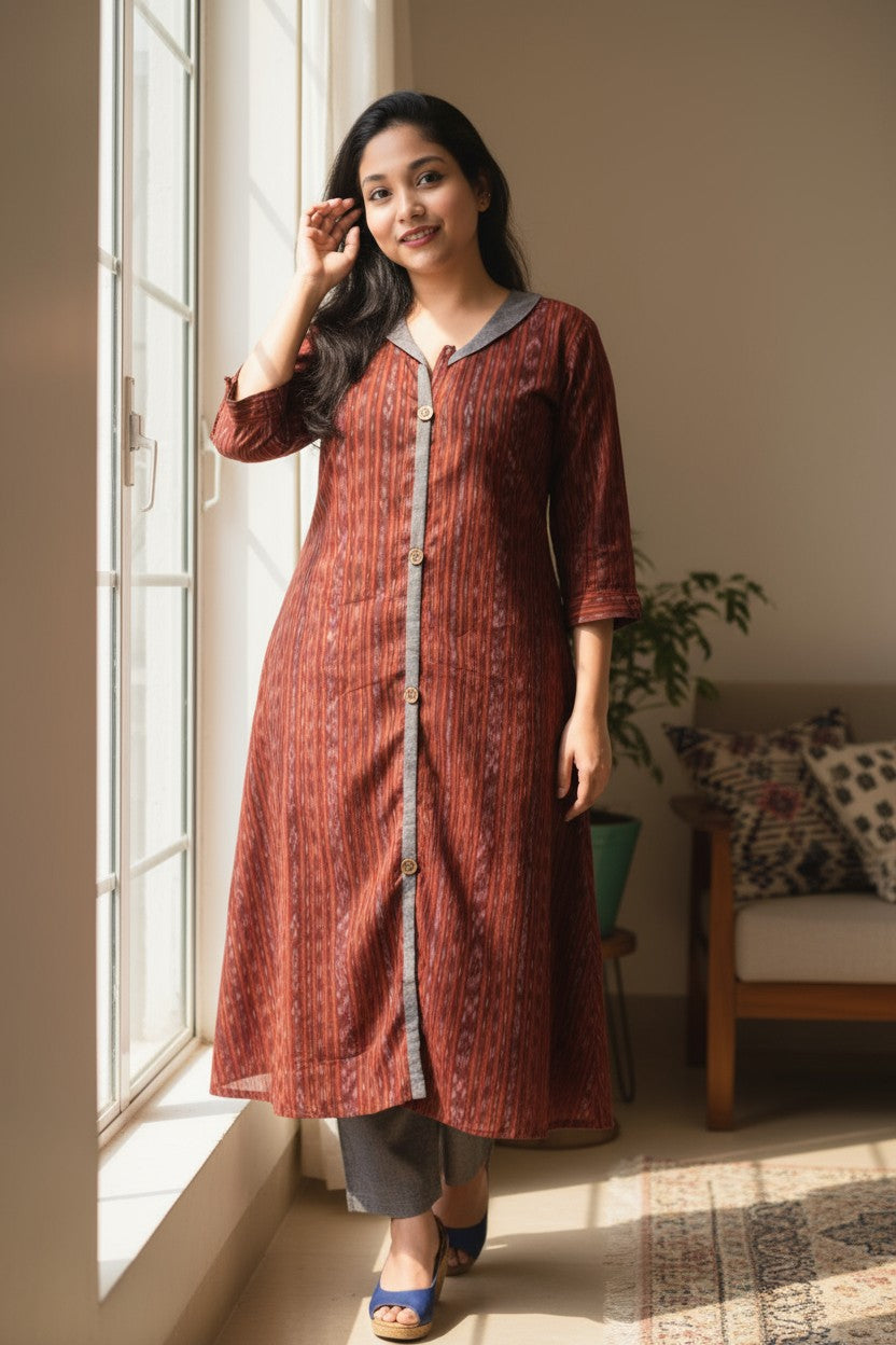 Ikkat Maroon Kurta &  Grey Pant Set