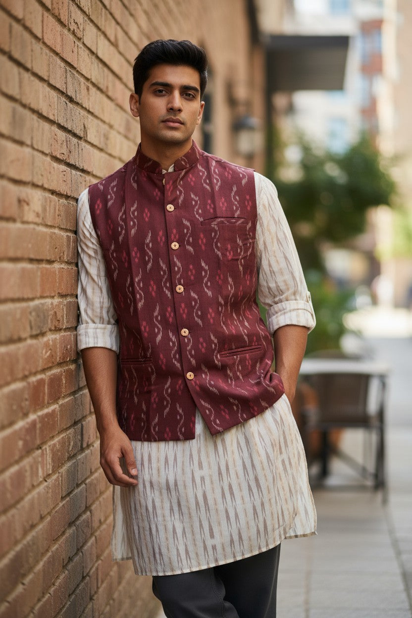 Handloom Maroon Modi Jacket