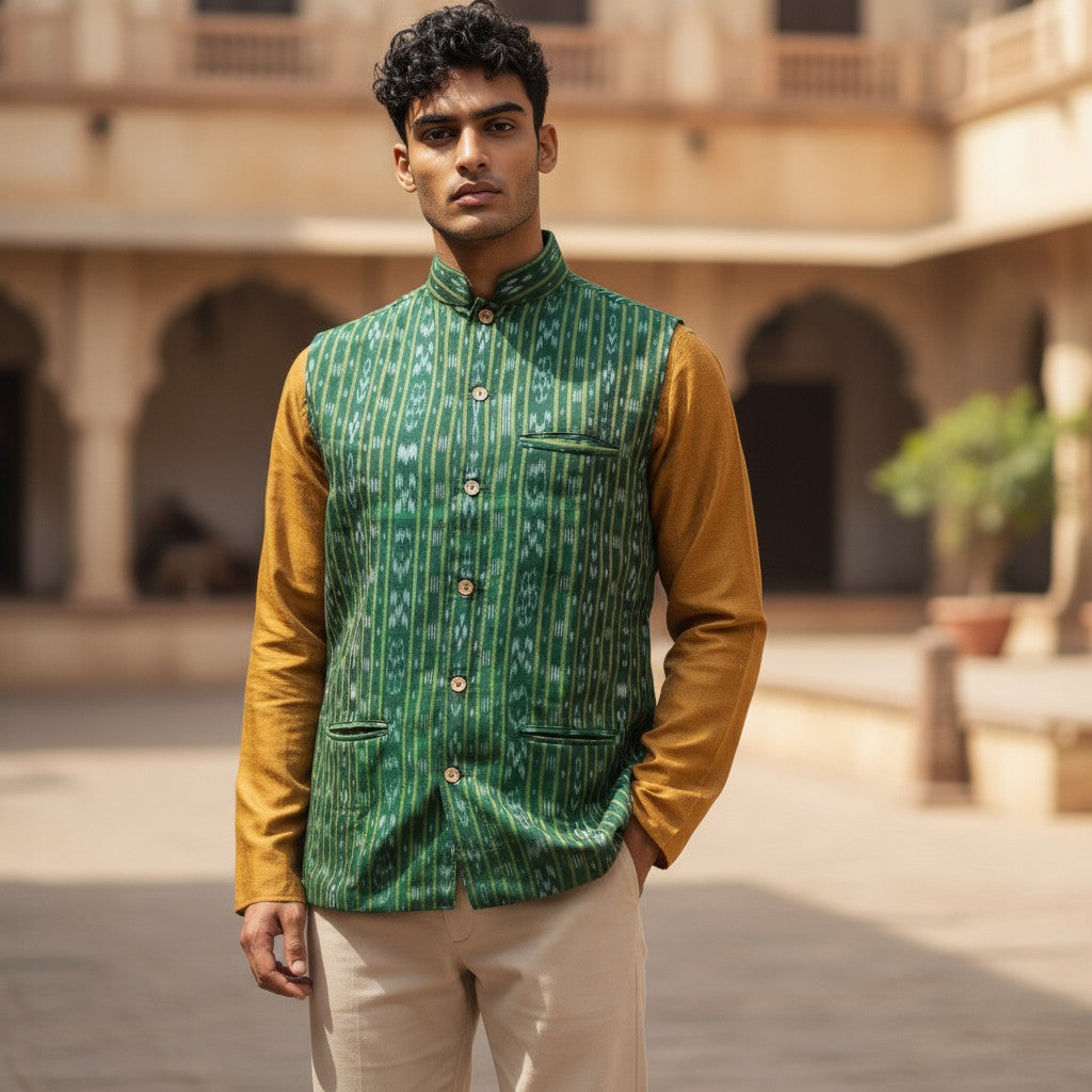 Men's Ikkat Green Modi Jacket