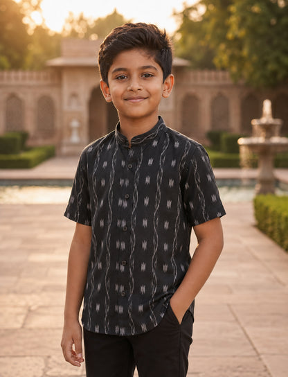 Boys Handloom Black Half Shirt