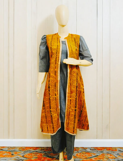 Women Cotton Yellow & Grey Shrug Set