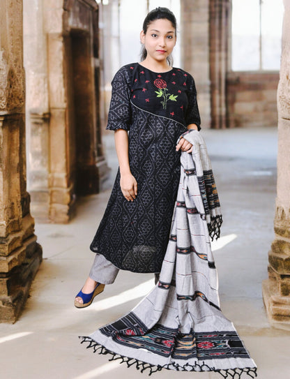 Cotton Kantha Stich Black Kurta & Pant Set