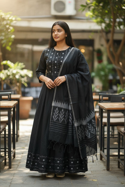 Handloom Black Anarkali Kurta & Dupatta Set