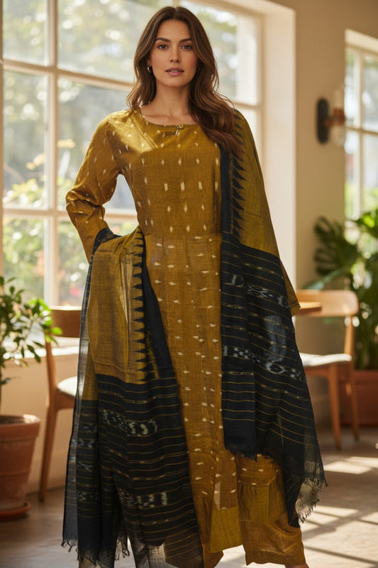 Handloom Mustard Anarkali Kurta & Dupatta Set