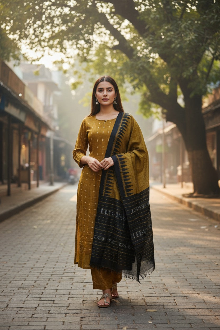 Handloom Mustard Anarkali Kurta & Dupatta Set