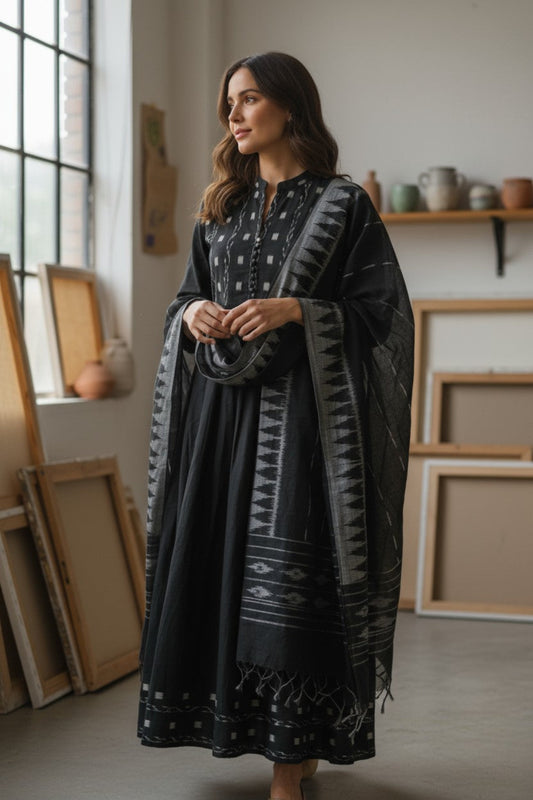 Handloom Black Anarkali Kurta & Dupatta Set
